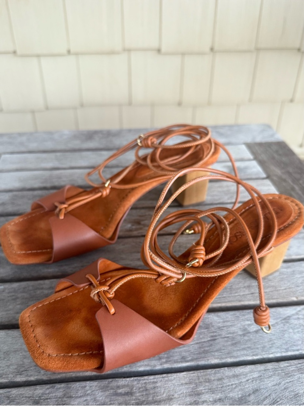 Ulla Johnson Loren Lace-Up Midi Heel Sandals Sierra Brown Leather Sz 38 / 7